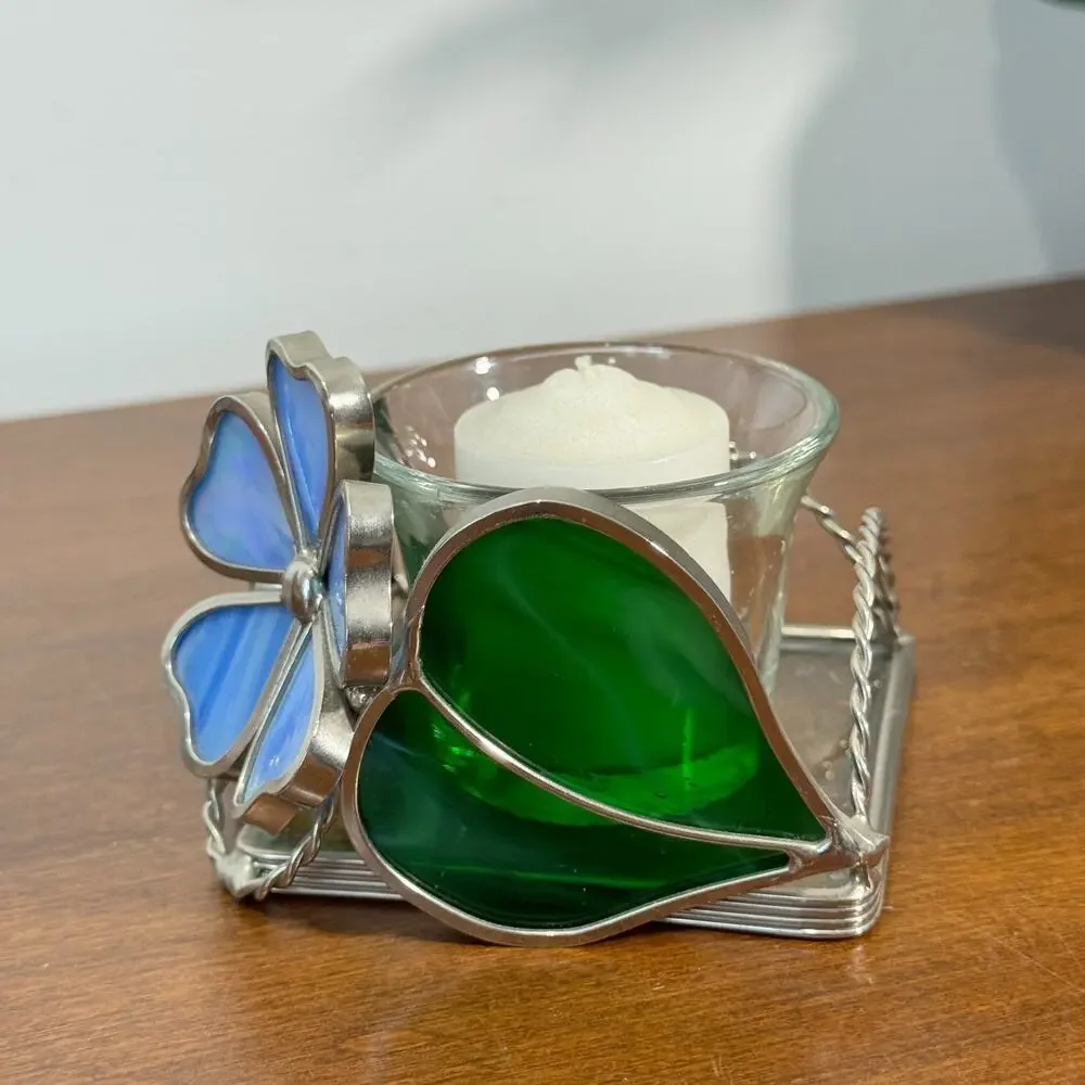 Stained Glass Tealight Votive Handle Holder Blue Green